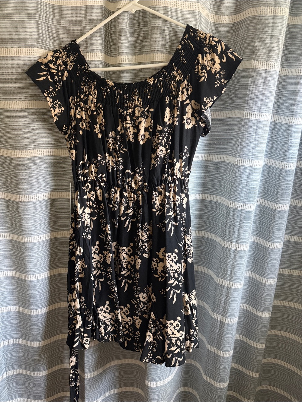 Black Floral Off-Shoulder Dress - Cream Floral Print